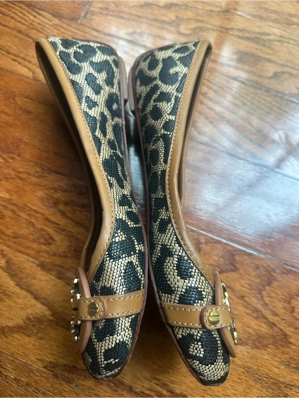 Tory Burch Black and Tan Logo-Embellished Canvas Ballet Flats